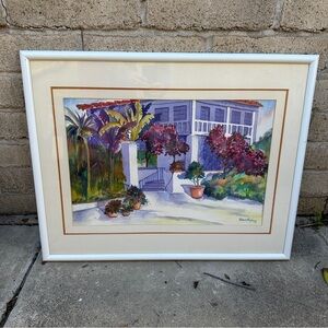Robert Heylmun Original Watercolor 1991 SoCal Courtyard Scene 23.5x29 Framed